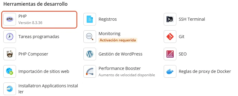 Versión de PHP 8.3.36 en el panel de Plesk